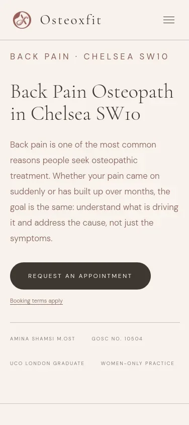The Osteoxfit back pain page on a phone.